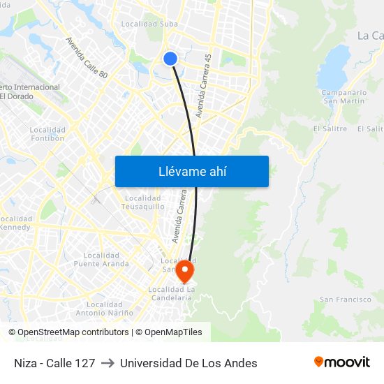 Niza - Calle 127 to Universidad De Los Andes map