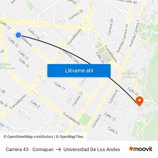 Carrera 43 - Comapan to Universidad De Los Andes map