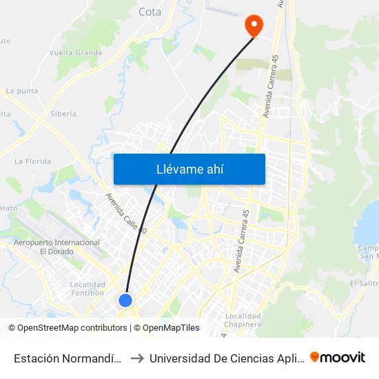 Estación Normandía (Ac 26 - Kr 74) to Universidad De Ciencias Aplicadas Y Ambientales map