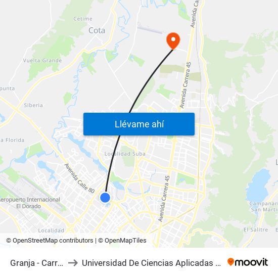 Granja - Carrera 77 to Universidad De Ciencias Aplicadas Y Ambientales map