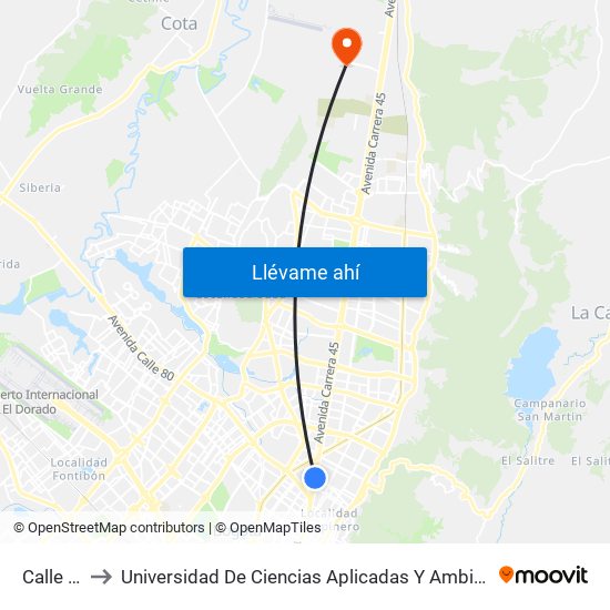 Calle 85 to Universidad De Ciencias Aplicadas Y Ambientales map