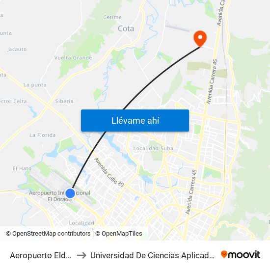 Aeropuerto Eldorado (B) to Universidad De Ciencias Aplicadas Y Ambientales map