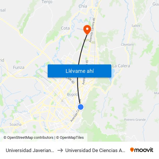 Universidad Javeriana (Ak 7 - Cl 40) (B) to Universidad De Ciencias Aplicadas Y Ambientales map
