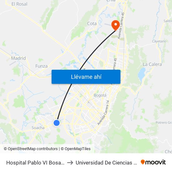 Hospital Pablo VI Bosa (Cl 63 Sur - Kr 77g) (A) to Universidad De Ciencias Aplicadas Y Ambientales map
