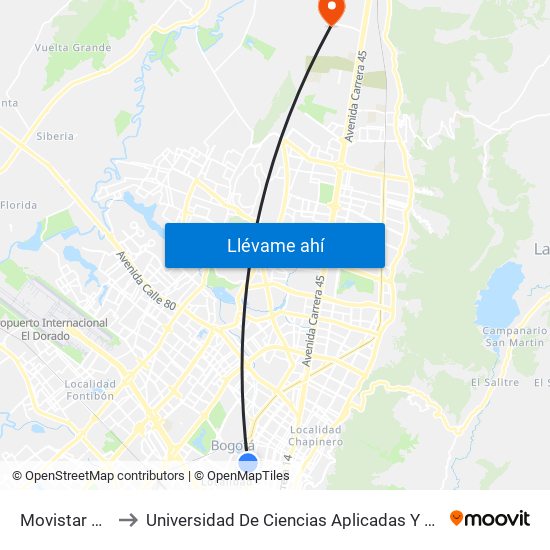 Movistar Arena to Universidad De Ciencias Aplicadas Y Ambientales map