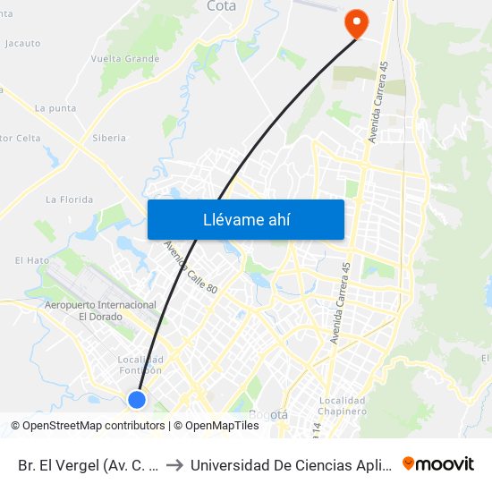 Br. El Vergel (Av. C. De Cali - Cl 18) to Universidad De Ciencias Aplicadas Y Ambientales map
