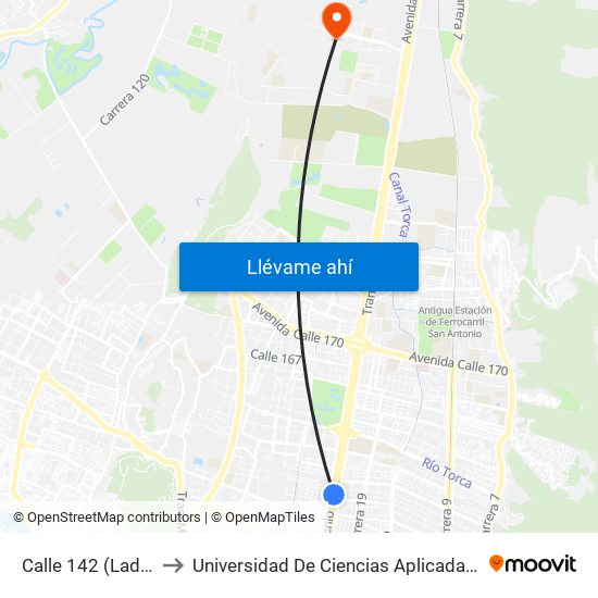 Calle 142 (Lado Norte) to Universidad De Ciencias Aplicadas Y Ambientales map