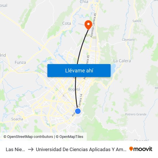 Las Nieves to Universidad De Ciencias Aplicadas Y Ambientales map