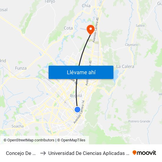 Concejo De Bogotá to Universidad De Ciencias Aplicadas Y Ambientales map