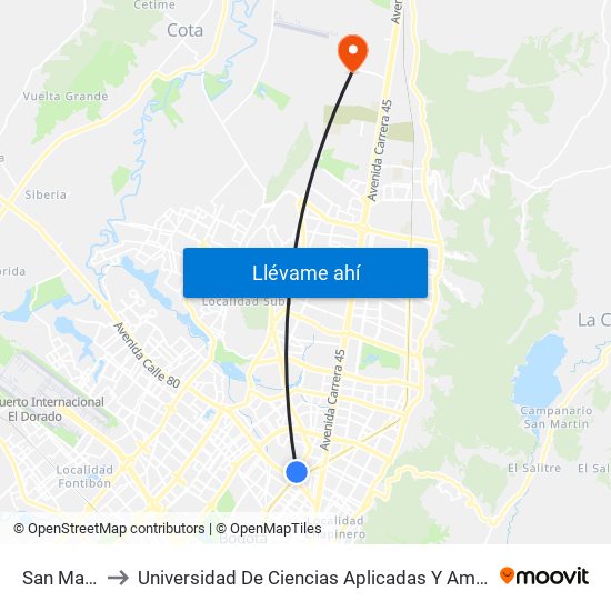 San Martín to Universidad De Ciencias Aplicadas Y Ambientales map