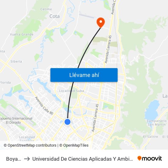 Boyacá to Universidad De Ciencias Aplicadas Y Ambientales map