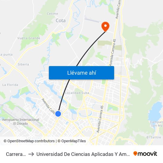 Carrera 90 to Universidad De Ciencias Aplicadas Y Ambientales map