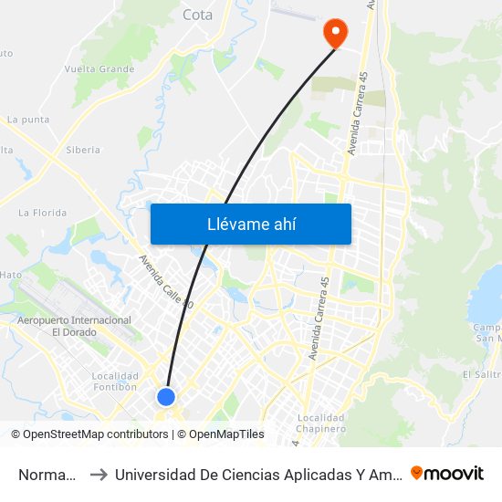 Normandía to Universidad De Ciencias Aplicadas Y Ambientales map