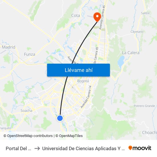 Portal Del Tunal to Universidad De Ciencias Aplicadas Y Ambientales map