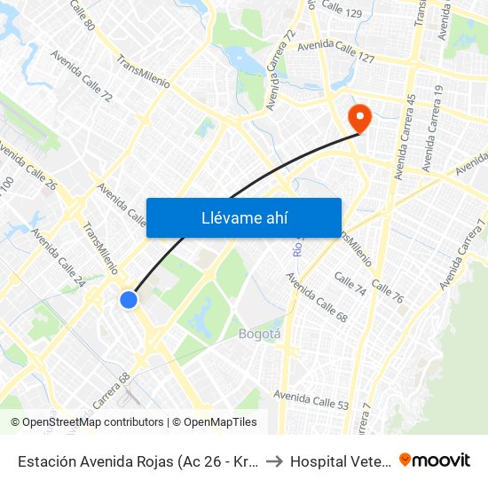 Estación Avenida Rojas (Ac 26 - Kr 69d Bis) (B) to Hospital Veterianrio map