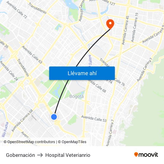 Gobernación to Hospital Veterianrio map