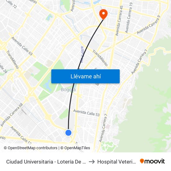 Ciudad Universitaria - Lotería De Bogotá to Hospital Veterianrio map