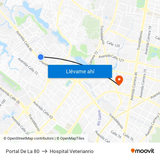 Portal De La 80 to Hospital Veterianrio map
