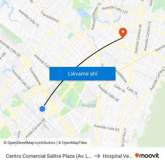 Centro Comercial Salitre Plaza (Av. La Esperanza - Kr 68b) to Hospital Veterianrio map