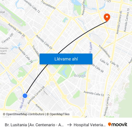 Br. Lusitania (Av. Centenario - Ak 68d) to Hospital Veterianrio map