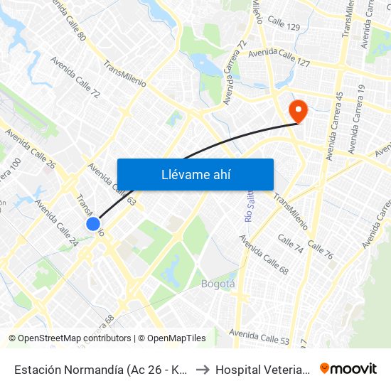 Estación Normandía (Ac 26 - Kr 74) to Hospital Veterianrio map