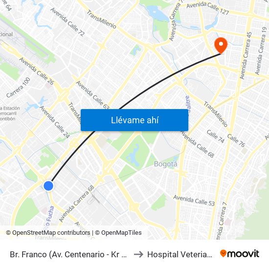 Br. Franco (Av. Centenario - Kr 69b) to Hospital Veterianrio map