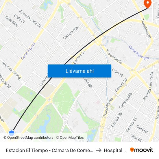 Estación El Tiempo - Cámara De Comercio De Bogotá (Ac 26 - Kr 68b Bis) to Hospital Veterianrio map