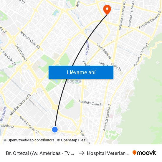 Br. Ortezal (Av. Américas - Tv 39) to Hospital Veterianrio map