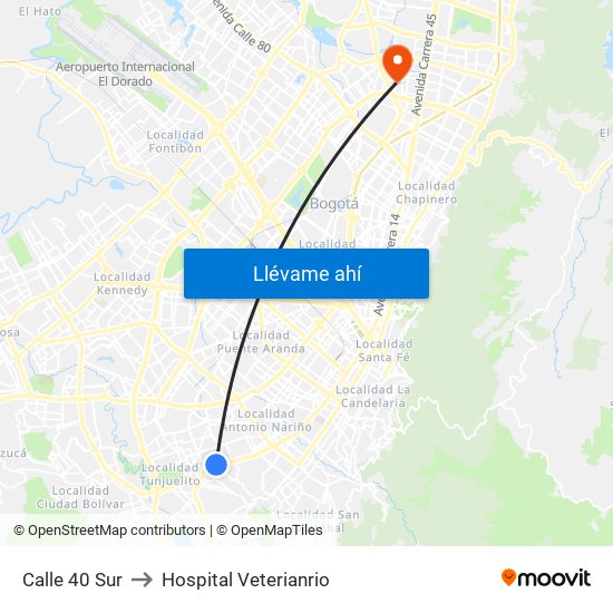 Calle 40 Sur to Hospital Veterianrio map