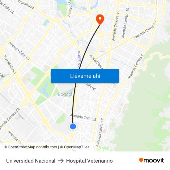 Universidad Nacional to Hospital Veterianrio map