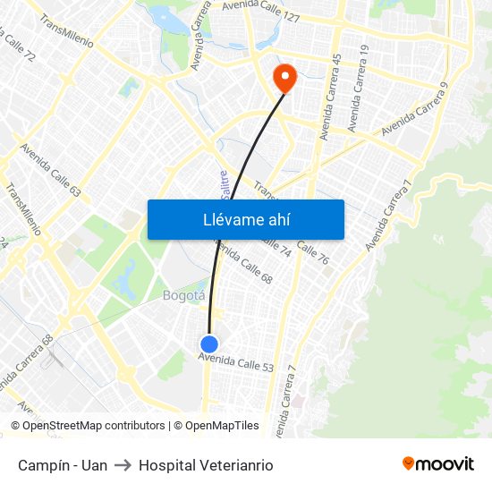 Campín - Uan to Hospital Veterianrio map
