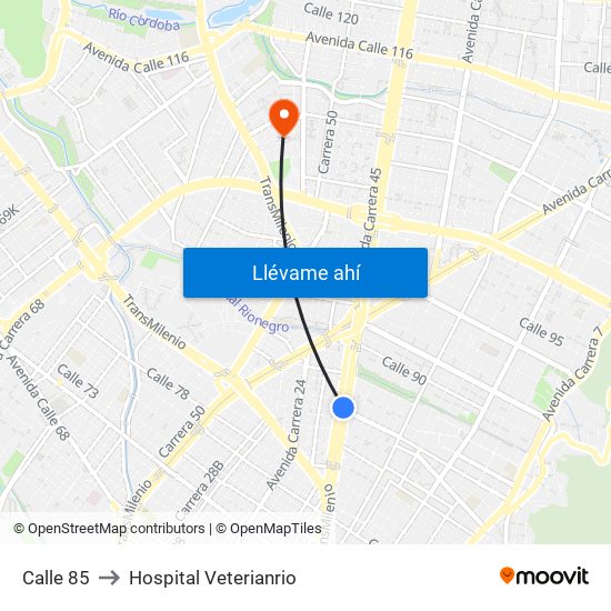 Calle 85 to Hospital Veterianrio map