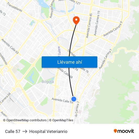 Calle 57 to Hospital Veterianrio map