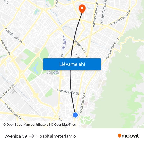 Avenida 39 to Hospital Veterianrio map