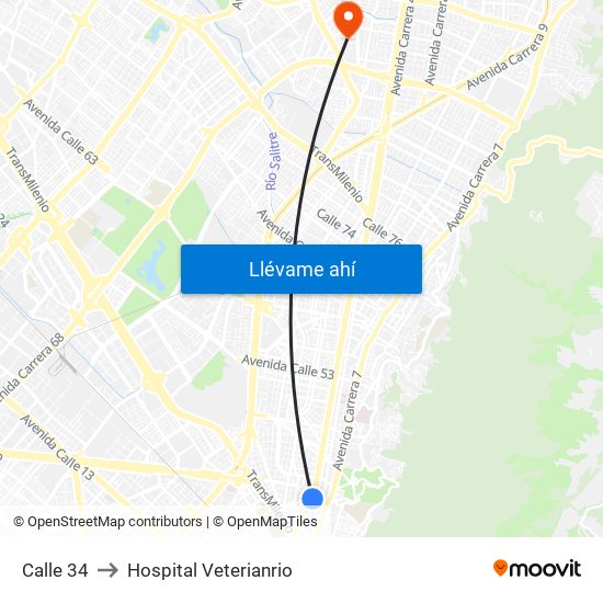 Calle 34 to Hospital Veterianrio map