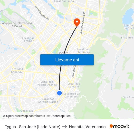 Tygua - San José (Lado Norte) to Hospital Veterianrio map