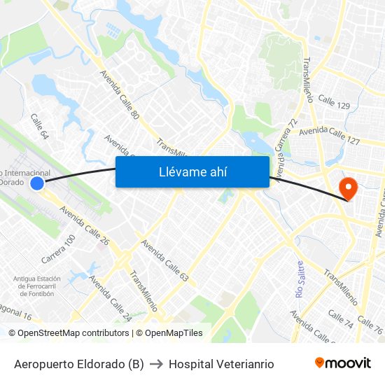 Aeropuerto Eldorado (B) to Hospital Veterianrio map