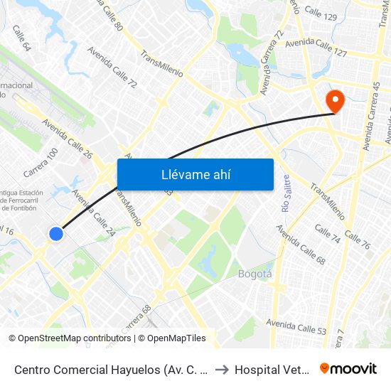 Centro Comercial Hayuelos (Av. C. De Cali - Cl 20) to Hospital Veterianrio map