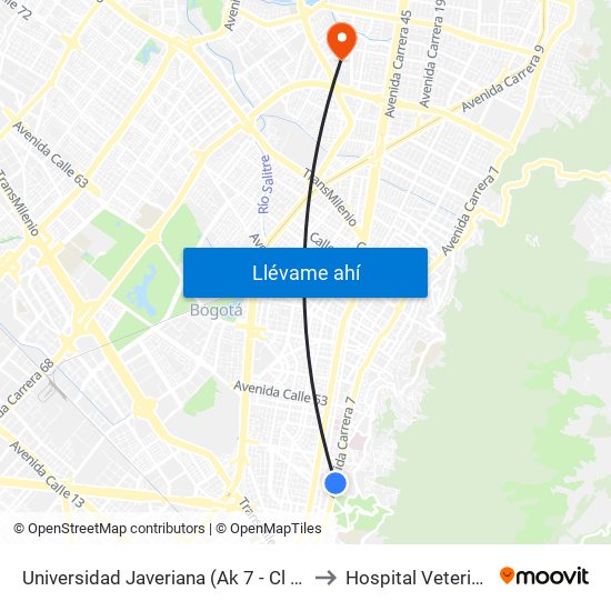 Universidad Javeriana (Ak 7 - Cl 40) (B) to Hospital Veterianrio map