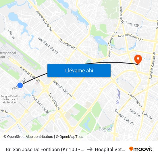 Br. San José De Fontibón (Kr 100 - Av. Esperanza) to Hospital Veterianrio map