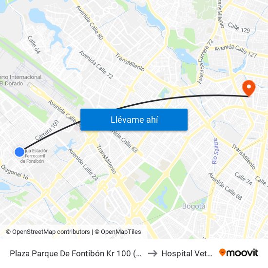 Plaza Parque De Fontibón Kr 100 (Kr 100 - Cl 17a) to Hospital Veterianrio map