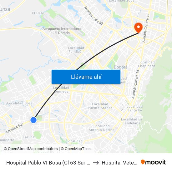 Hospital Pablo VI Bosa (Cl 63 Sur - Kr 77g) (A) to Hospital Veterianrio map