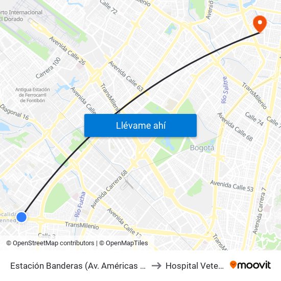 Estación Banderas (Av. Américas - Kr 78a) (A) to Hospital Veterianrio map