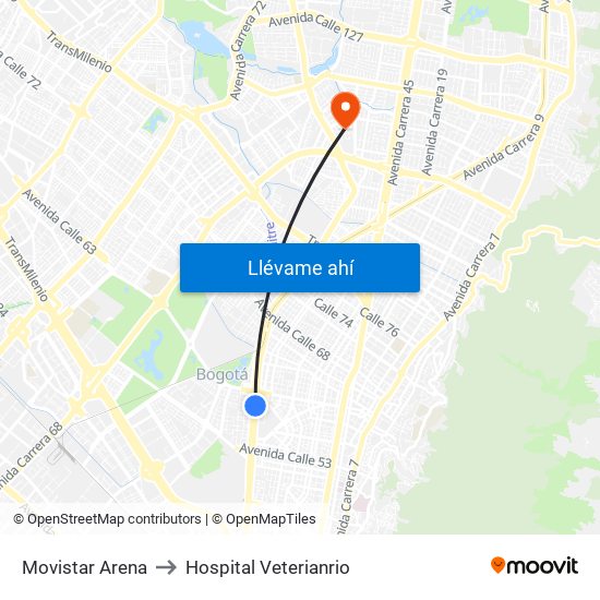 Movistar Arena to Hospital Veterianrio map