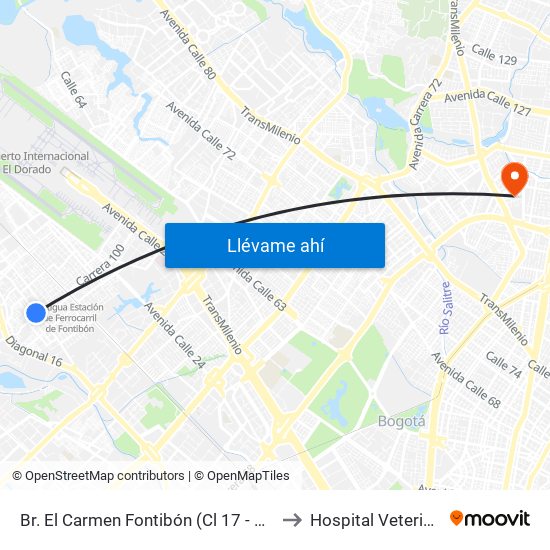 Br. El Carmen Fontibón (Cl 17 - Kr 100) to Hospital Veterianrio map