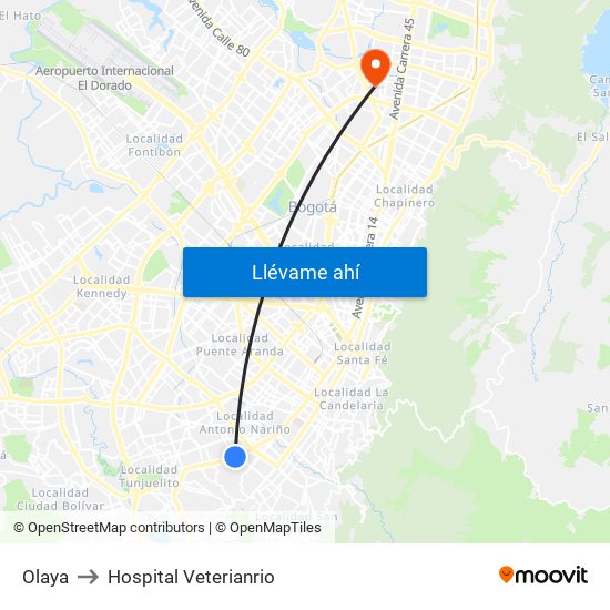 Olaya to Hospital Veterianrio map