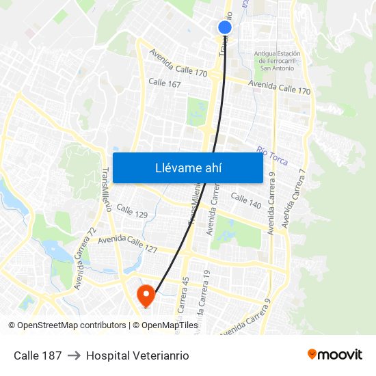 Calle 187 to Hospital Veterianrio map