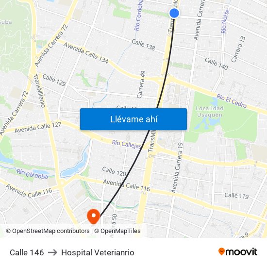 Calle 146 to Hospital Veterianrio map