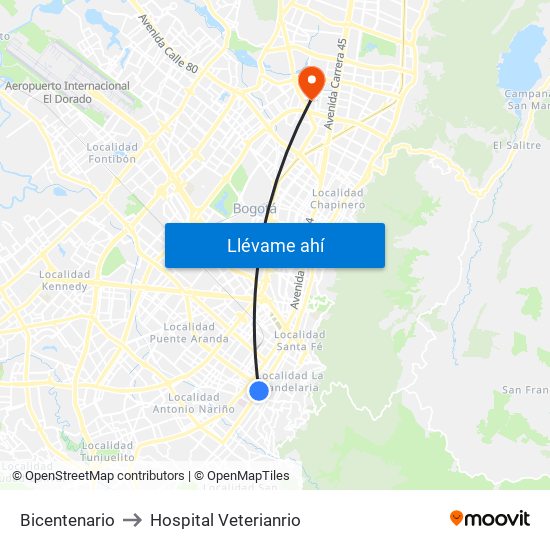 Bicentenario to Hospital Veterianrio map