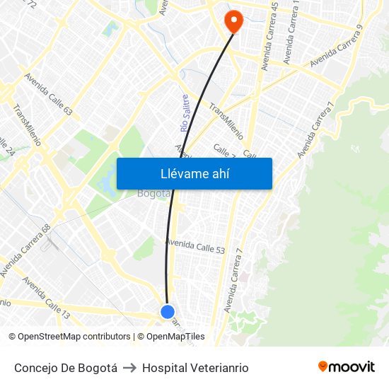 Concejo De Bogotá to Hospital Veterianrio map